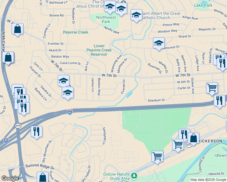 map of restaurants, bars, coffee shops, grocery stores, and more near 2600 Fair Circle in Reno