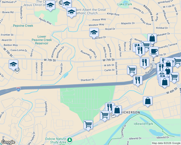 map of restaurants, bars, coffee shops, grocery stores, and more near 2050 West 6th Street in Reno