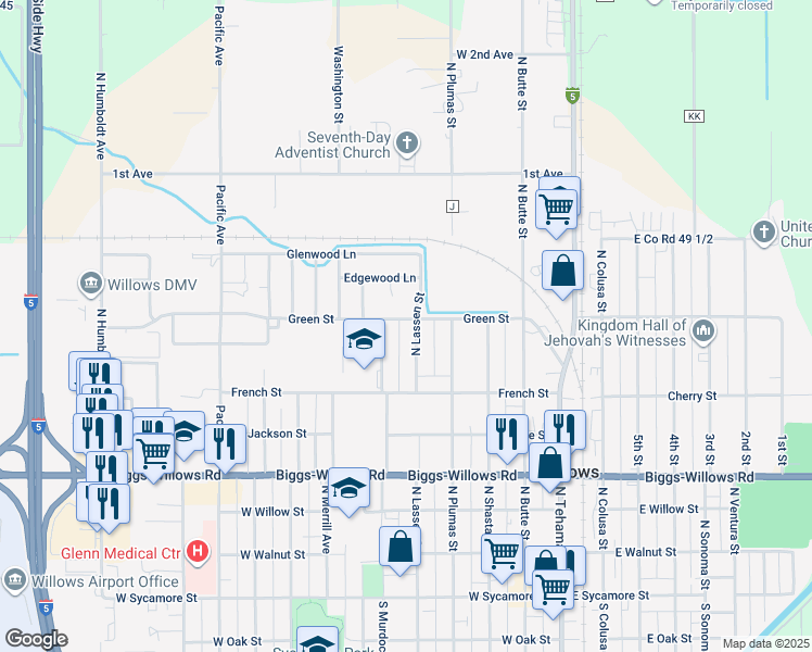 map of restaurants, bars, coffee shops, grocery stores, and more near 812 Madrone Manor in Willows