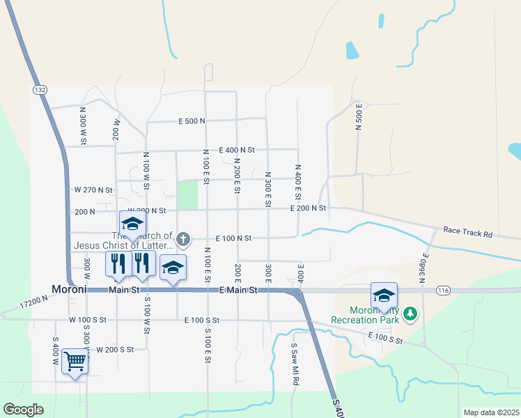 map of restaurants, bars, coffee shops, grocery stores, and more near East 200 North Street in Moroni