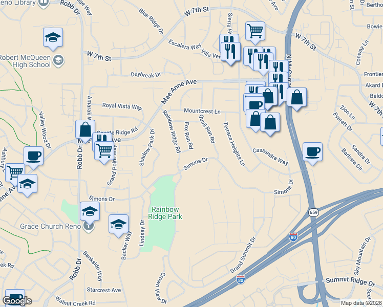 map of restaurants, bars, coffee shops, grocery stores, and more near 1730 Fox Run Road in Reno