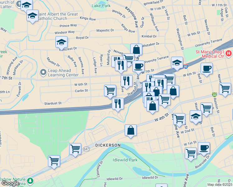 map of restaurants, bars, coffee shops, grocery stores, and more near 565 Elgin Avenue in Reno