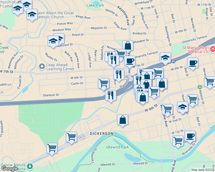 map of restaurants, bars, coffee shops, grocery stores, and more near 1405 Carlin Street in Reno