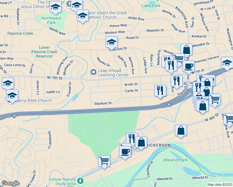 map of restaurants, bars, coffee shops, grocery stores, and more near 1930 West 6th Street in Reno