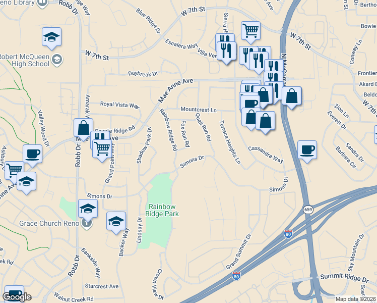 map of restaurants, bars, coffee shops, grocery stores, and more near 1730 Fox Run Road in Reno