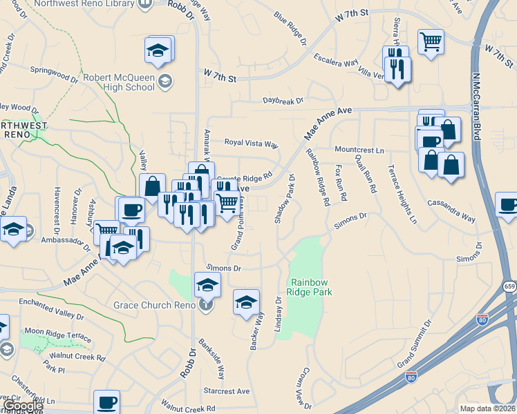 map of restaurants, bars, coffee shops, grocery stores, and more near in Reno