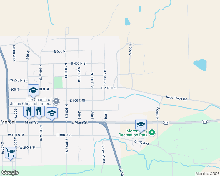 map of restaurants, bars, coffee shops, grocery stores, and more near East 200 North Street in Moroni