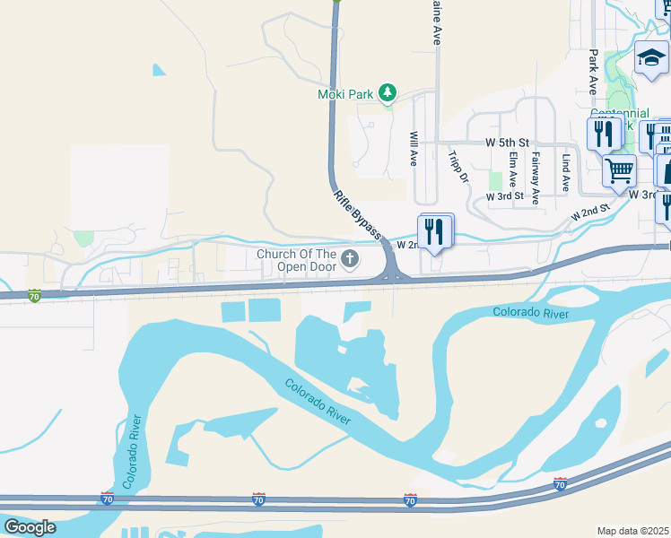map of restaurants, bars, coffee shops, grocery stores, and more near 153 June Ave in Rifle