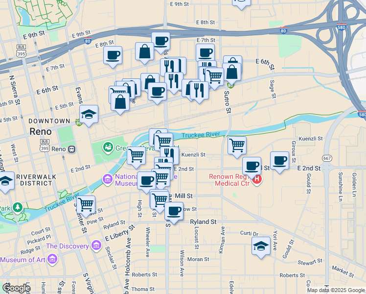 map of restaurants, bars, coffee shops, grocery stores, and more near 30 South Wells Avenue in Reno