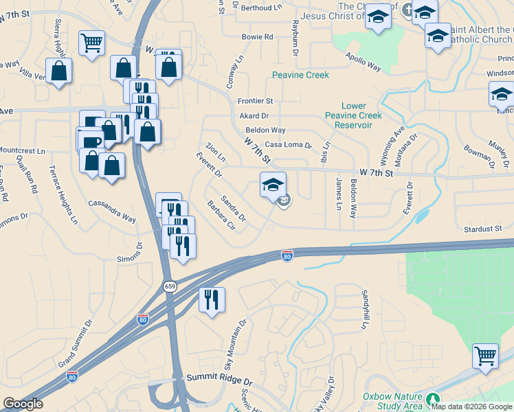 map of restaurants, bars, coffee shops, grocery stores, and more near 3480 Rauscher Drive in Reno