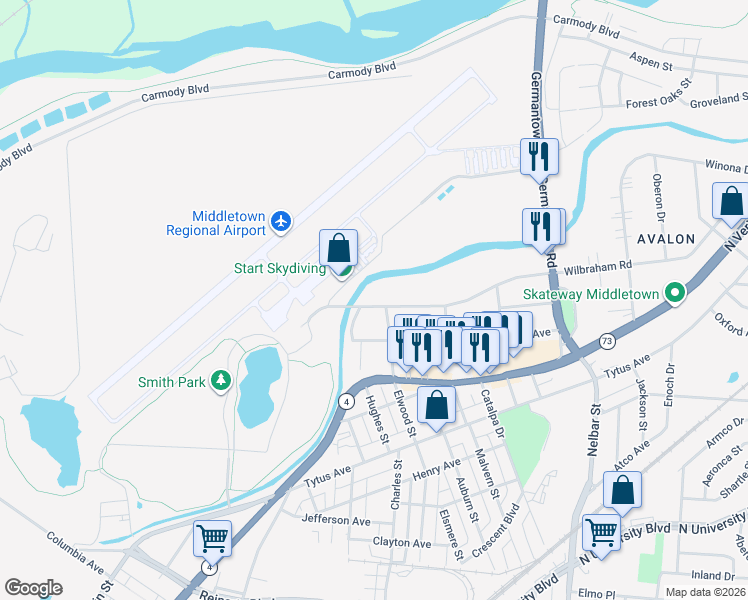 map of restaurants, bars, coffee shops, grocery stores, and more near 1935 Wilbraham Road in Middletown