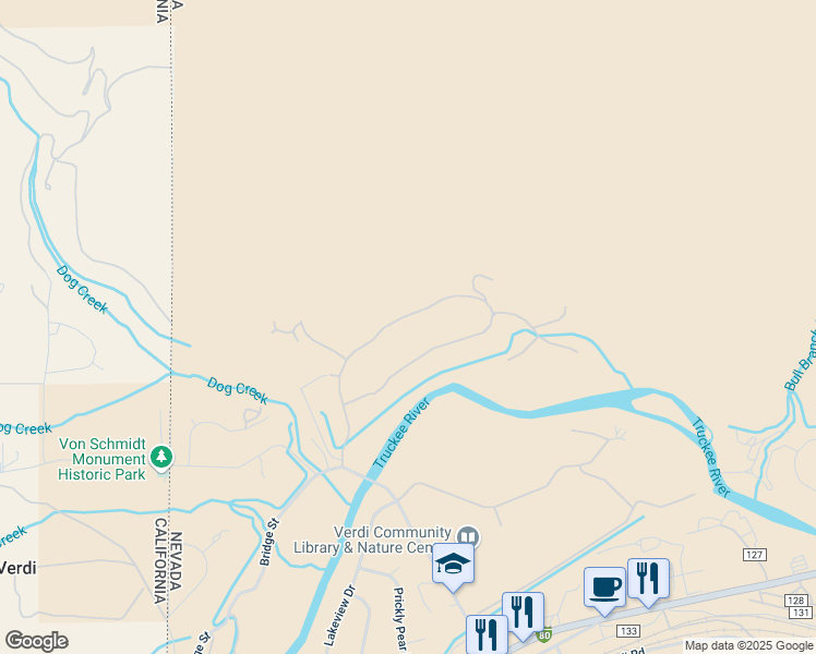 map of restaurants, bars, coffee shops, grocery stores, and more near 305 Riverdale Circle in Verdi