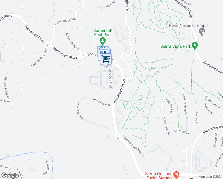 map of restaurants, bars, coffee shops, grocery stores, and more near 7604 Stone Bluff Way in Reno