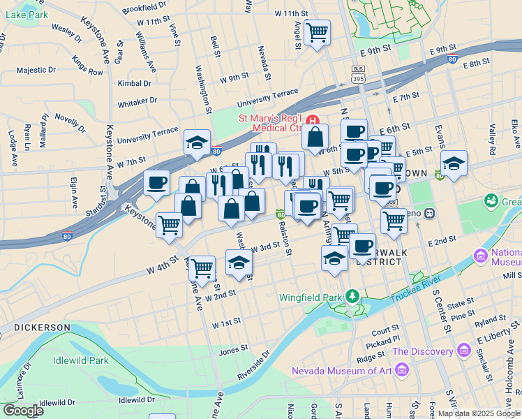map of restaurants, bars, coffee shops, grocery stores, and more near in Reno