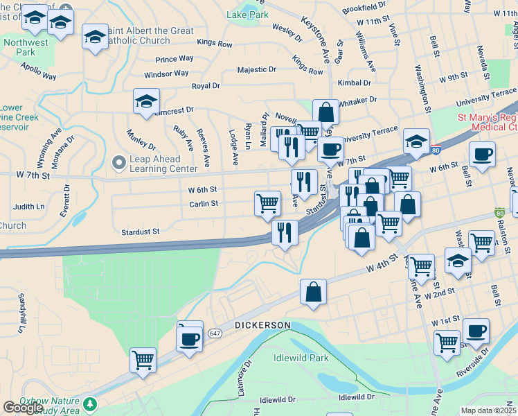 map of restaurants, bars, coffee shops, grocery stores, and more near 1405 Carlin Street in Reno
