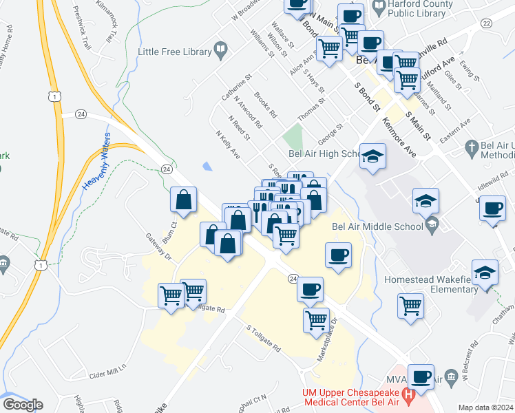 map of restaurants, bars, coffee shops, grocery stores, and more near 516 Park Manor Circle in Bel Air