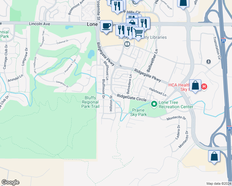 map of restaurants, bars, coffee shops, grocery stores, and more near 10170 RidgeGate Circle in Lone Tree