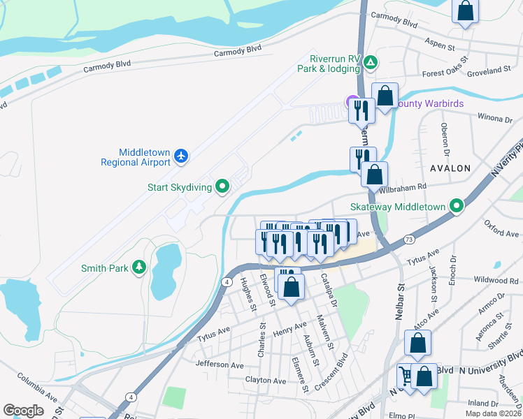 map of restaurants, bars, coffee shops, grocery stores, and more near 2007 Wilbraham Road in Middletown