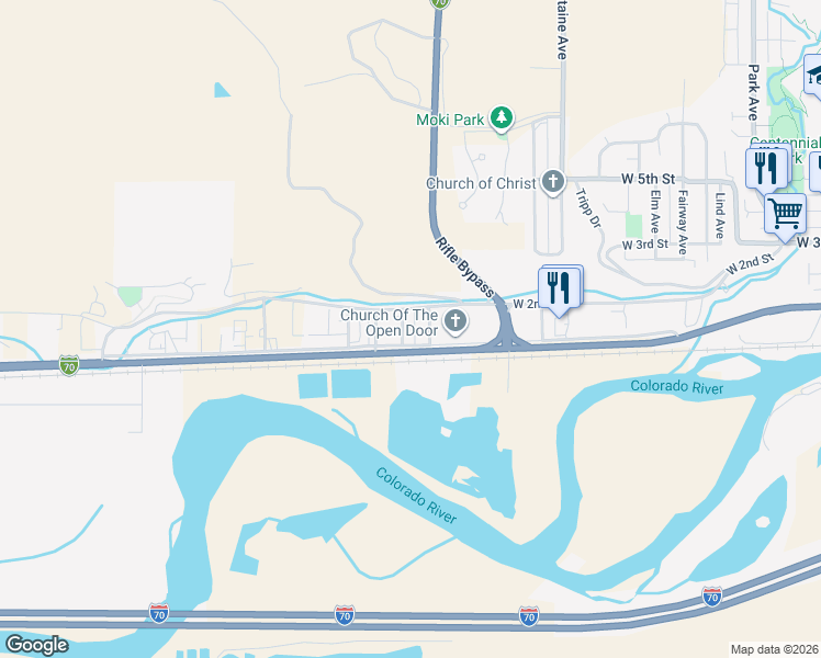 map of restaurants, bars, coffee shops, grocery stores, and more near 153 June Ave in Rifle