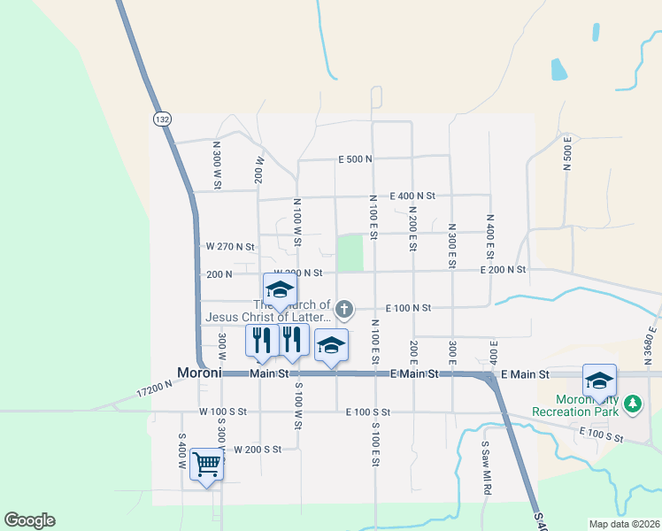 map of restaurants, bars, coffee shops, grocery stores, and more near 12 West 200 North Street in Moroni