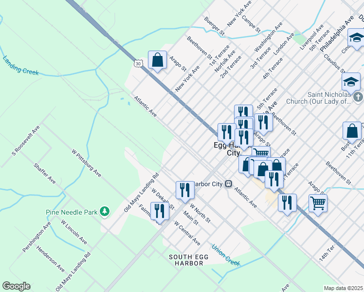 map of restaurants, bars, coffee shops, grocery stores, and more near 2834 West Atlantic Avenue in Egg Harbor City