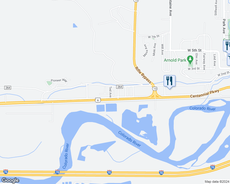 map of restaurants, bars, coffee shops, grocery stores, and more near 1701-1747 West 2nd Street in Rifle