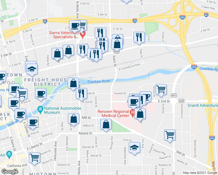 map of restaurants, bars, coffee shops, grocery stores, and more near 895 Kuenzli Street in Reno