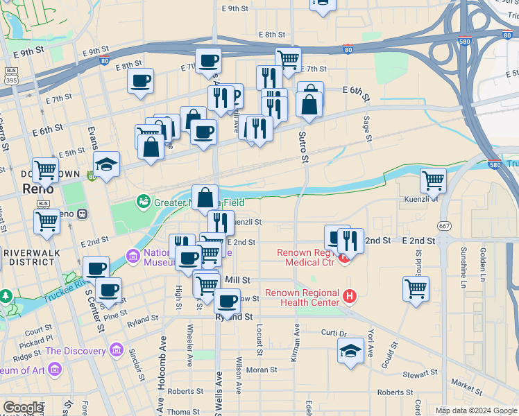 map of restaurants, bars, coffee shops, grocery stores, and more near 805 Kuenzli Street in Reno