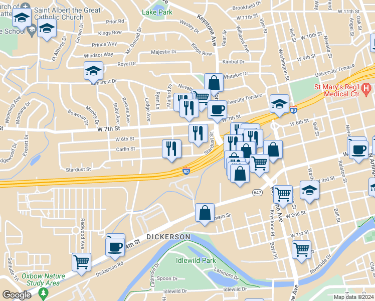 map of restaurants, bars, coffee shops, grocery stores, and more near 565 Elgin Avenue in Reno