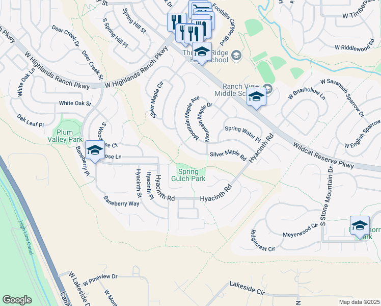 map of restaurants, bars, coffee shops, grocery stores, and more near 9921 Silver Maple Road in Littleton