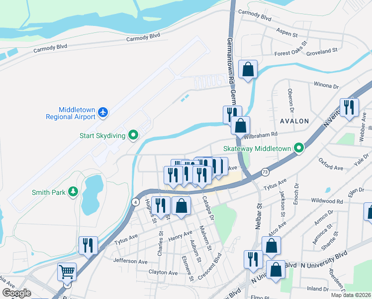 map of restaurants, bars, coffee shops, grocery stores, and more near 2111 Wilbraham Road in Middletown