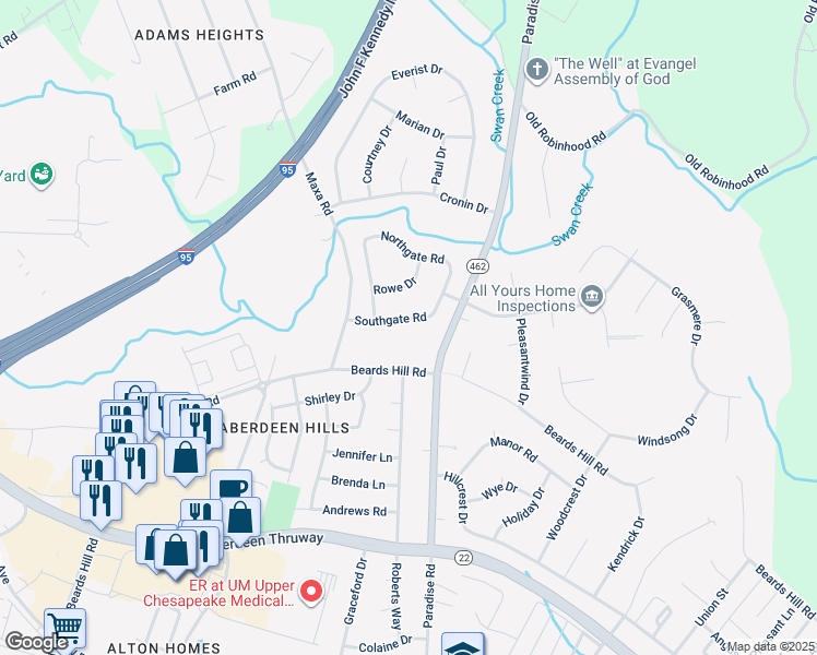 map of restaurants, bars, coffee shops, grocery stores, and more near 612 Southgate Road in Aberdeen