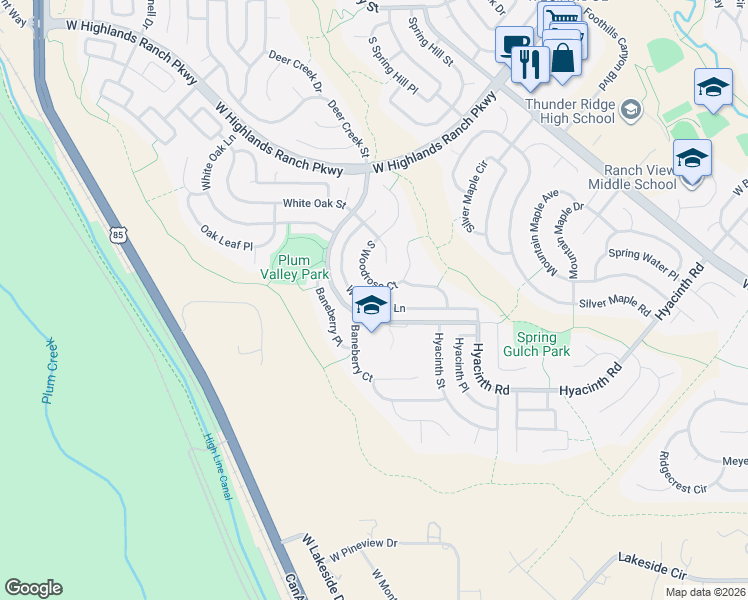 map of restaurants, bars, coffee shops, grocery stores, and more near 10221 Woodrose Court in Littleton