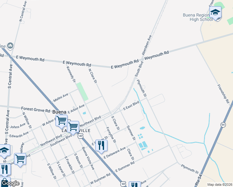 map of restaurants, bars, coffee shops, grocery stores, and more near 345 East Weymouth Road in Buena