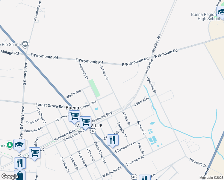 map of restaurants, bars, coffee shops, grocery stores, and more near 345 East Weymouth Road in Buena