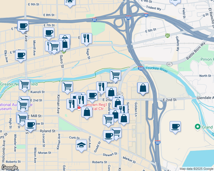 map of restaurants, bars, coffee shops, grocery stores, and more near 100 Giroux Street in Reno