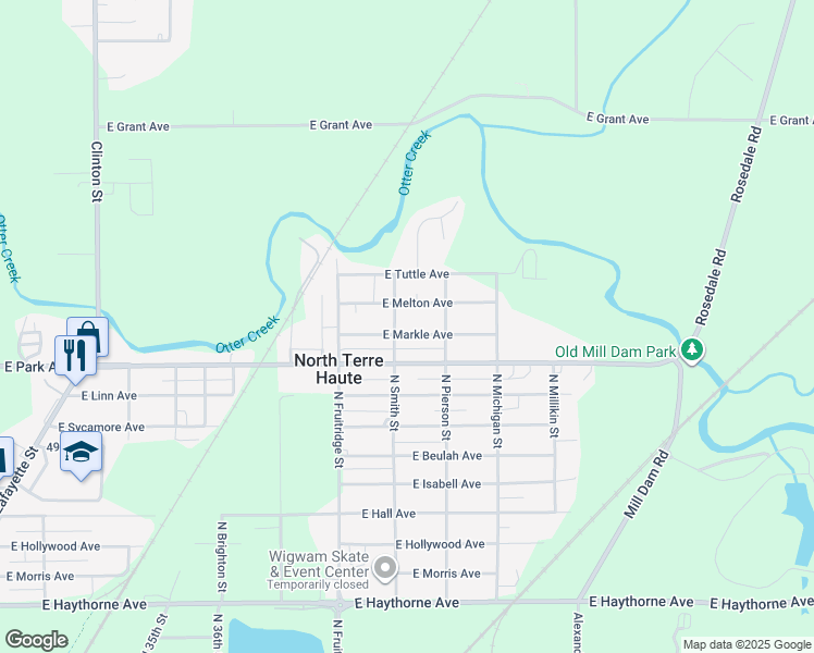 map of restaurants, bars, coffee shops, grocery stores, and more near 3927 E Melton Ave in Terre Haute