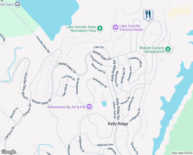 map of restaurants, bars, coffee shops, grocery stores, and more near 18 Greenbrier Drive in Oroville