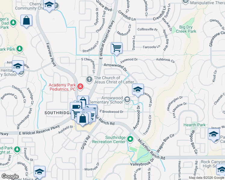 map of restaurants, bars, coffee shops, grocery stores, and more near 10299 South Ravenswood Lane in Littleton