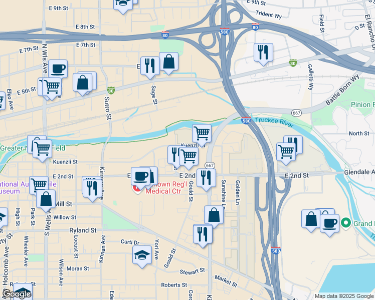 map of restaurants, bars, coffee shops, grocery stores, and more near 100 Giroux Street in Reno