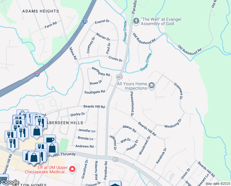map of restaurants, bars, coffee shops, grocery stores, and more near 509 Paradise Road in Aberdeen