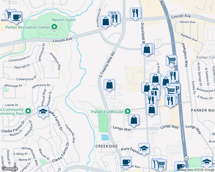 map of restaurants, bars, coffee shops, grocery stores, and more near 18275 Apache Drive in Parker