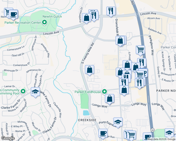 map of restaurants, bars, coffee shops, grocery stores, and more near 18275 Apache Drive in Parker