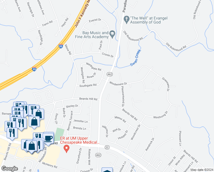 map of restaurants, bars, coffee shops, grocery stores, and more near 509 Paradise Road in Aberdeen