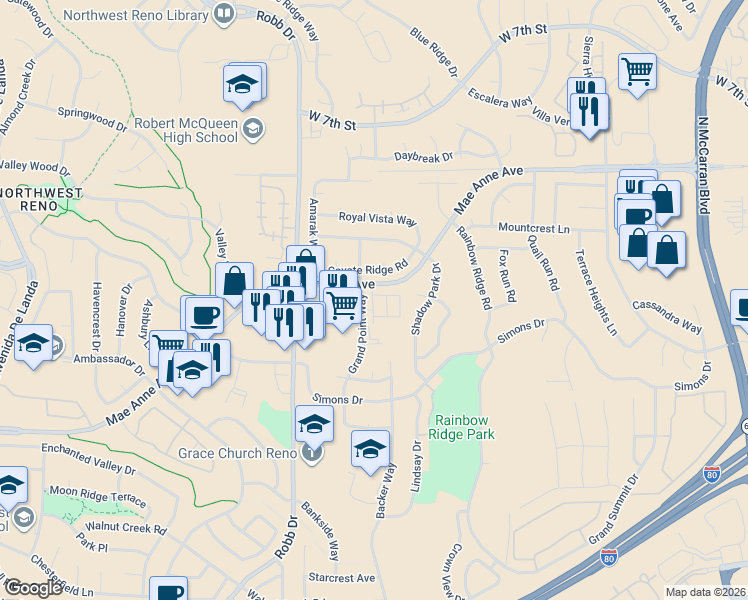 map of restaurants, bars, coffee shops, grocery stores, and more near in Reno