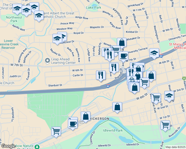 map of restaurants, bars, coffee shops, grocery stores, and more near 1565 Carlin Street in Reno