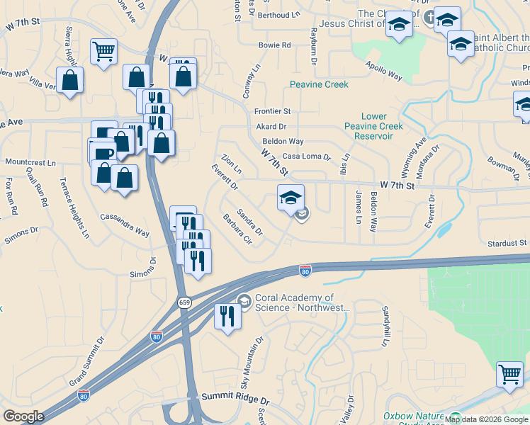 map of restaurants, bars, coffee shops, grocery stores, and more near 3480 Rauscher Drive in Reno