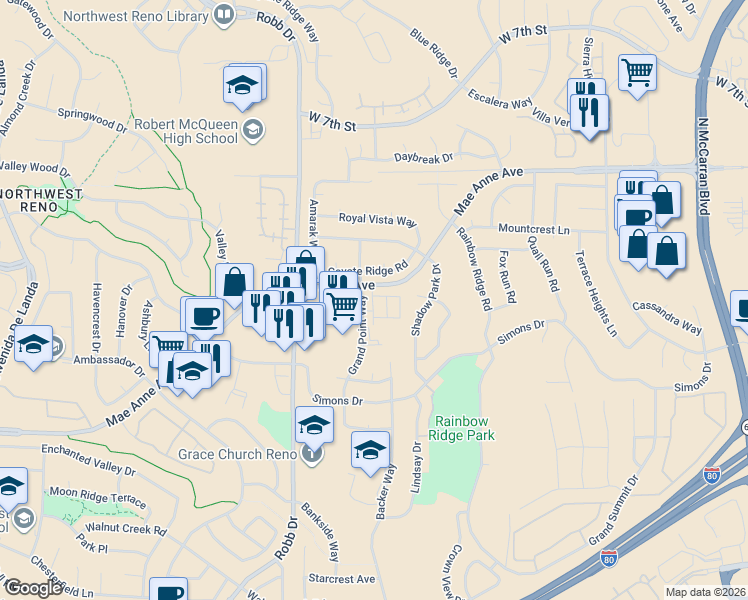 map of restaurants, bars, coffee shops, grocery stores, and more near in Reno