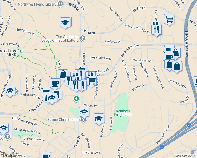 map of restaurants, bars, coffee shops, grocery stores, and more near in Reno