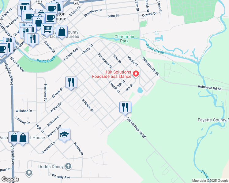 map of restaurants, bars, coffee shops, grocery stores, and more near 303 5th Street in Washington Court House